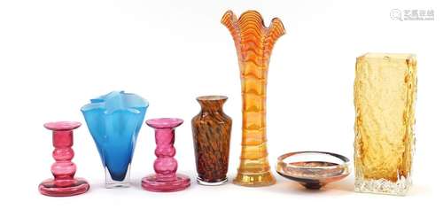 Art Glassware including a Whitefriars style square section vase and Carnival, the largest 28.5cm