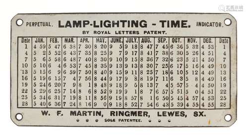 Lamp lighting time perpetual indicator enamel plaque by Royal Letters Patent, 15cm x 7.5cm : For