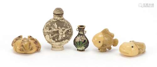 Oriental items including three Japanese Netsukes and a Chinese cloisonné vase, the largest 5.5cm