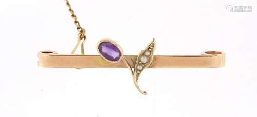 Art Nouveau 9ct gold amethyst and seed pearl brooch, 3.7cm in length, 2.5g : For Further Condition