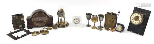 Clocks and movements including anniversary clock and glass mantle clock with Arabic numerals,