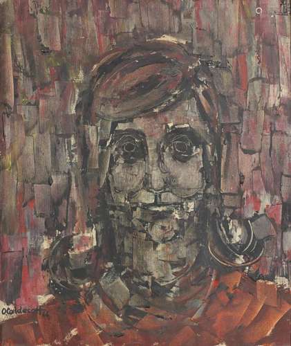 Abstract composition, portrait of a female, oil on board, bearing a signature O Caldecotta,