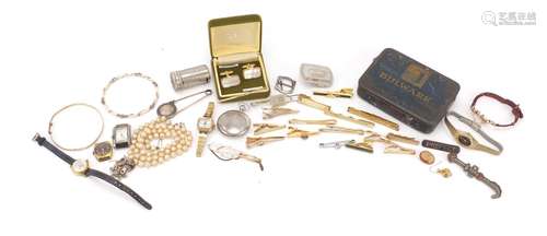 Costume jewellery and objects including tie clips, wristwatches and 9ct rolled gold bangle : For