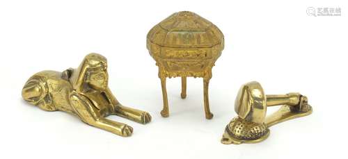 Metalware including a gilt casket, golfing interest door knocker and Egyptian brass sphinx with