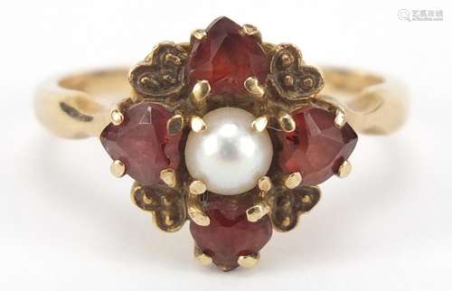 Victorian style garnet and pearl ring, size O, 3.4g : For Further Condition Reports Please Visit Our