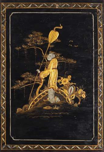 Chinese black lacquered panel, gilded with a figure before water, 63cm x 42.5cm : For Further