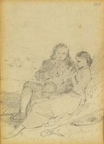 John Absolon RI - Courting couple, pencil on paper, label verso, mounted and framed, 9cm x 6cm : For