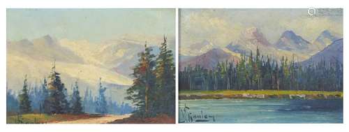 W Hanley - Pair of forest, river and mountain scenes, oil onto boards, housed in gilt frames, each