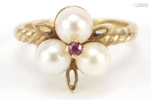 9ct gold pearl and purple stone ring, size L, 3.4g : For Further Condition Reports Please Visit