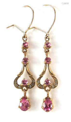 Pair of 9ct gold diamond and pink stone drop earrings, 4.3cm in length, 3.0g : For Further Condition