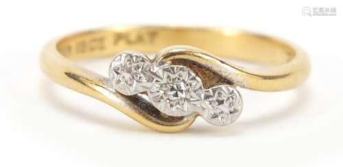 18ct gold diamond three stone crossover ring, size K, 2.8g : For Further Condition Reports Please