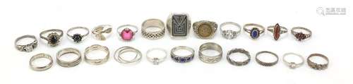 Twenty three silver rings, some set with semi precious stones, various sizes, 82.2g : For Further