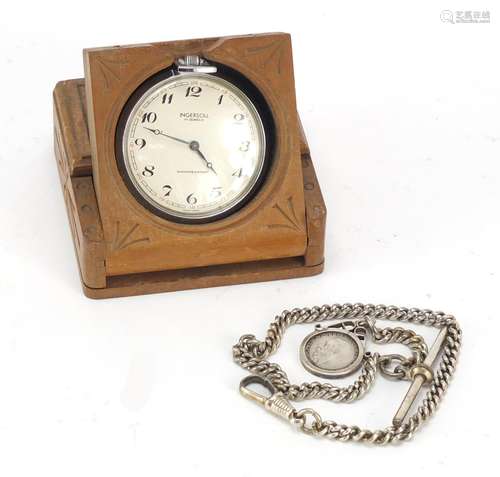 Objects comprising Ingersoll pocket watch, Black Forest watch stand and watch chain : For Further