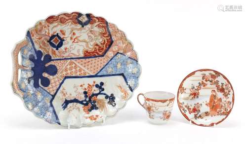 Japanese imari porcelain dish and a kutani cup with saucer, the largest 30cm wide : For Further