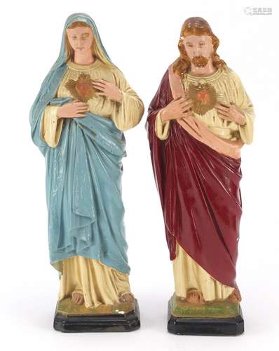 Pair of hand painted plaster religious figures of Joseph and Mary, the largest 39.5cm high : For