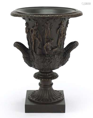 Large patinated bronze classical campana urn with twin handles decorated in relief with classical