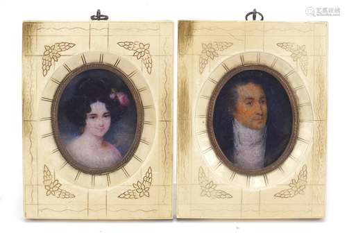 Pair of oval portrait miniatures of a lady and gentleman, each 6.5cm x 5.3cm : For Further Condition