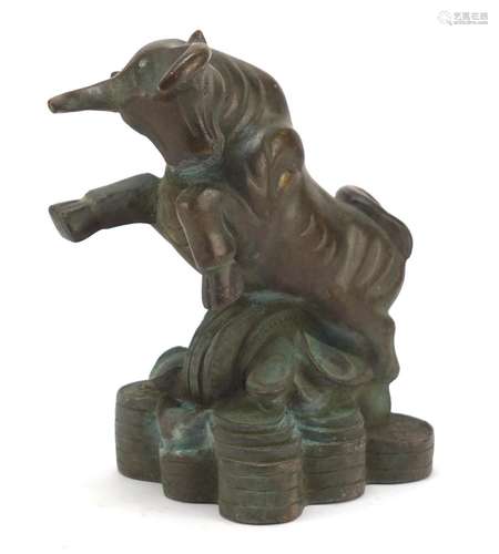 Chinese patinated bronzed water buffalo, character marks to the base, 16cm high : For Further