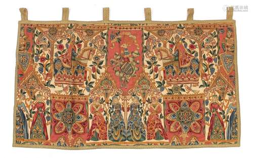 Medieval style tapestry decorated with figures and crests, 116cm x 73cm : For Further Condition