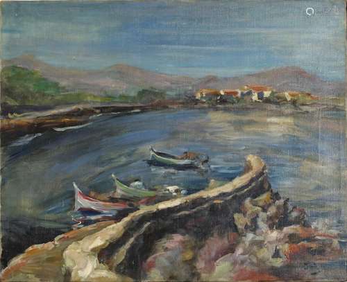 Continental coastal scene with figures in a boat, oil on canvas, unframed, 55cm x 45cm : For Further