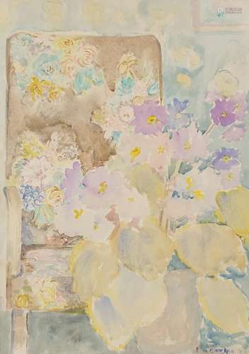 Still life flowers, watercolour, bearing a signature possibly P Vajda 72, inscribed label verso,