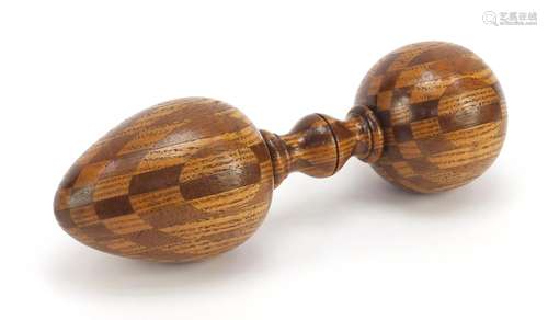 Large inlaid treen double darning ball, 20cm in length : For Further Condition Reports Please