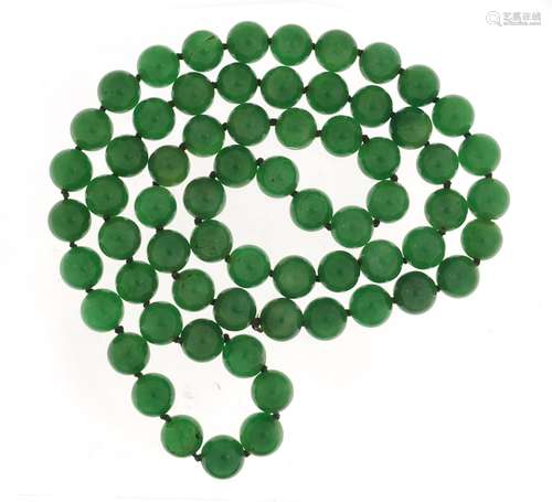 Chinese green jade bead necklace, 82cm in length : For Further Condition Reports Please Visit Our