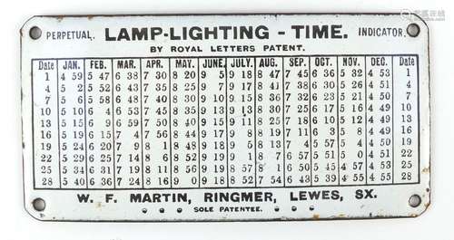 Lamp lighting time perpetual indicator enamel plaque by Royal Letters Patent, 15cm x 7.5cm : For