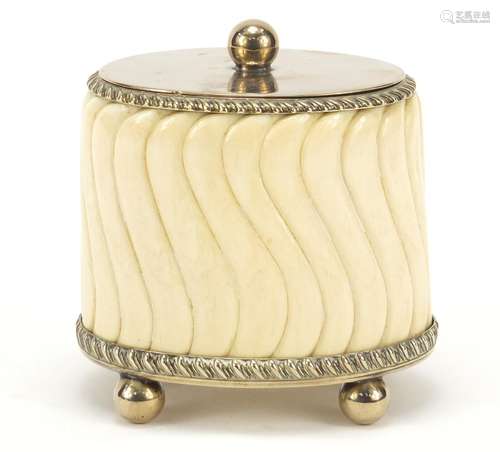 19th century carved ivory tea caddy with silver plated mounts on ball feet, 11cm high : For