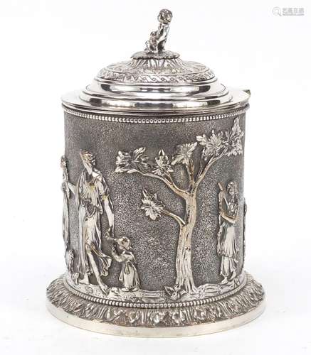 19th century Elkington & Co neo-classical silver plated biscuit box with cherub finial, decorated in