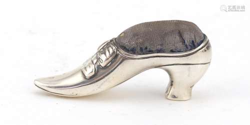 Victorian novelty silver pin cushion in the form of a ladies shoe by Cornelius Desormeaux Saunders &