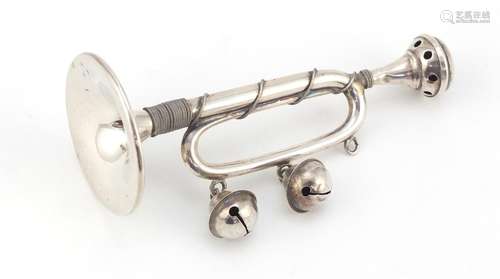 Edward VII silver baby's rattle whistle in the form of a trumpet by Crisford & Norris Ltd,