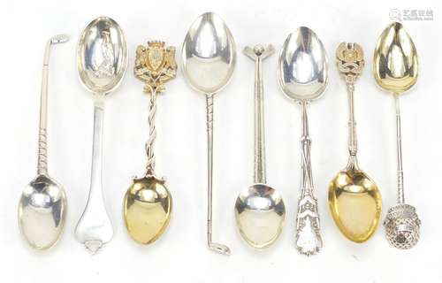 Eight golfing interest silver teaspoons, various hallmarks, the largest 13.5cm in length, 168.2g :