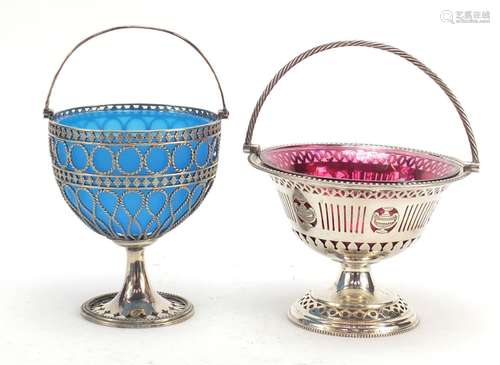 Two silver plated sugar baskets with swing handles and glass liners, including one by Cooper Bros