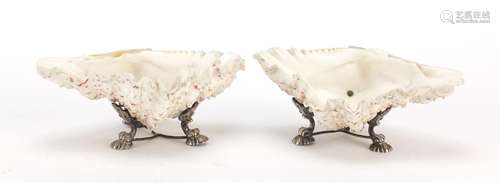 Pair 19th of century silver plated shell salts, each 14cm wide : For Further Condition Reports