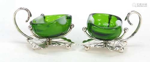 Pair of silver plated naturalistic salts with glass liners, each 7.5cmm wide : For Further Condition