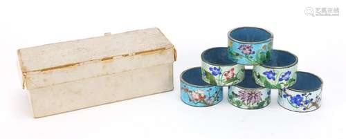 Set of six Japanese cloisonné napkin rings with box, each enamelled with flowers, each 5cm in