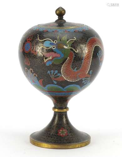 Chinese cloisonné pedestal globular pot and cover enamelled with dragons chasing a flaming pearl