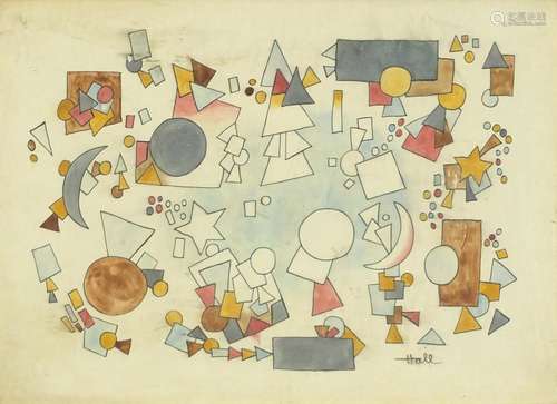 Abstract composition, geometric shapes, ink and watercolour, bearing a signature Hall, mounted,