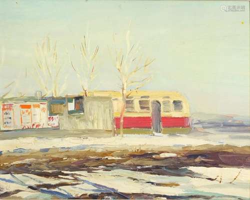 Train carriage in a landscape, Russian school oil on board, mounted and framed, 39.5cm x 31cm :