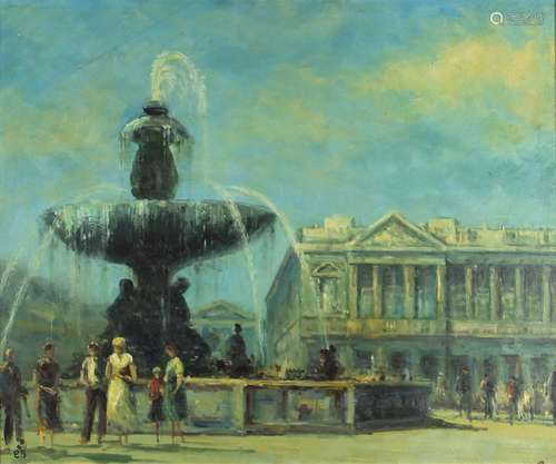 Figures by water fountain, Impressionist oil on board, framed, 57cm x 48cm : For Further Condition