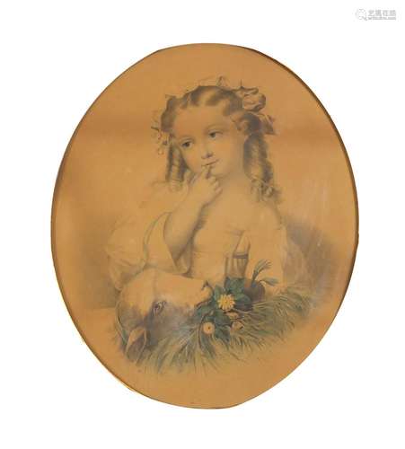 Young girl with a lamb, 19th century oval coloured print, framed and glazed, 29.5cm x 24cm : For