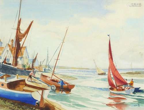 Harold Ing FRSA - Coastal scene with boats, watercolour, mounted, framed and glazed, 24.5cm x 19cm :