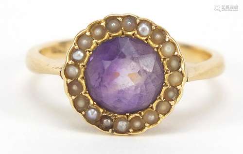 18ct gold amethyst and seed pearl ring, size J, 3.8g : For Further Condition Reports Please Visit