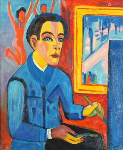 Artist in his studio, German Expressionist school, oil on board, framed, 59.5cm x 50cm : For Further