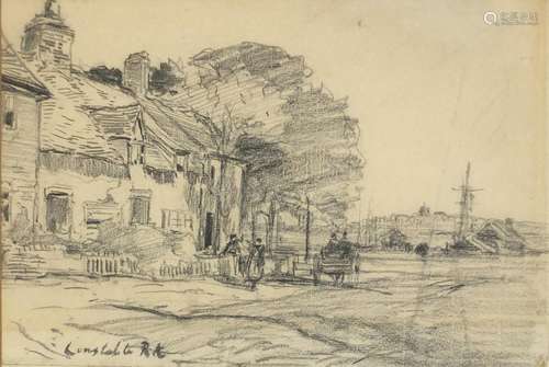 Manner of Constable - Village by a port, 19th century charcoal, mounted, framed and glazed, 30.5cm x