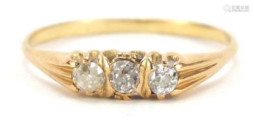 18ct gold diamond three stone ring, size R, 2.3g : For Further Condition Reports Please Visit Our