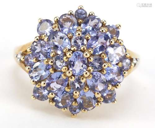 9ct gold purple stone cluster ring, possibly iolite, size Q, 4.6g : For Further Condition Reports