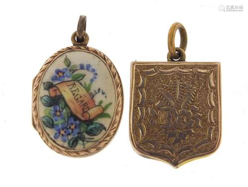 Victorian gold coloured metal and enamel locket and a shield shaped example, the largest 2cm