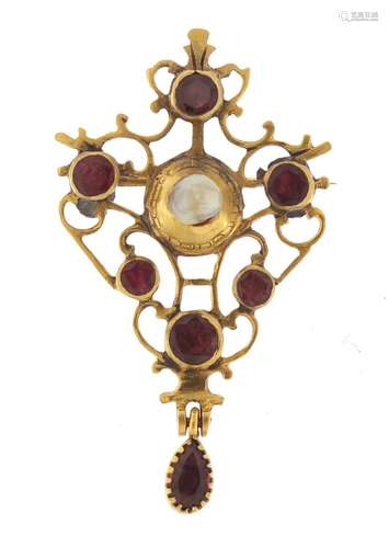 Antique unmarked gold garnet and pearl brooch, 4.5cm in length, 4.0g : For Further Condition Reports